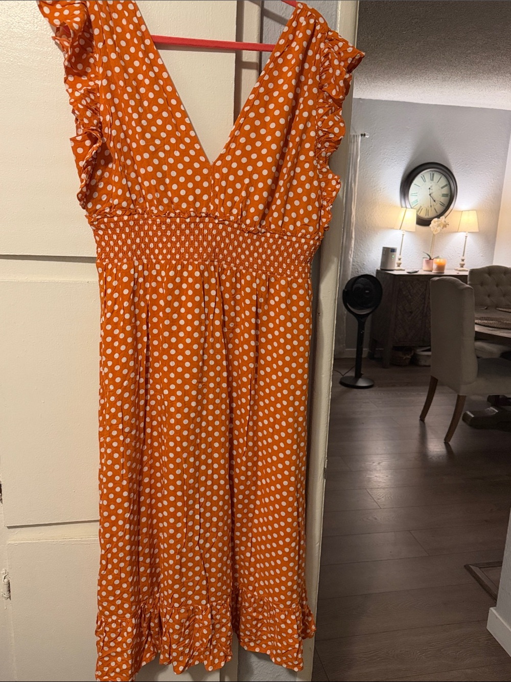 bp Orange Polka Dot Smocked Midi Dress